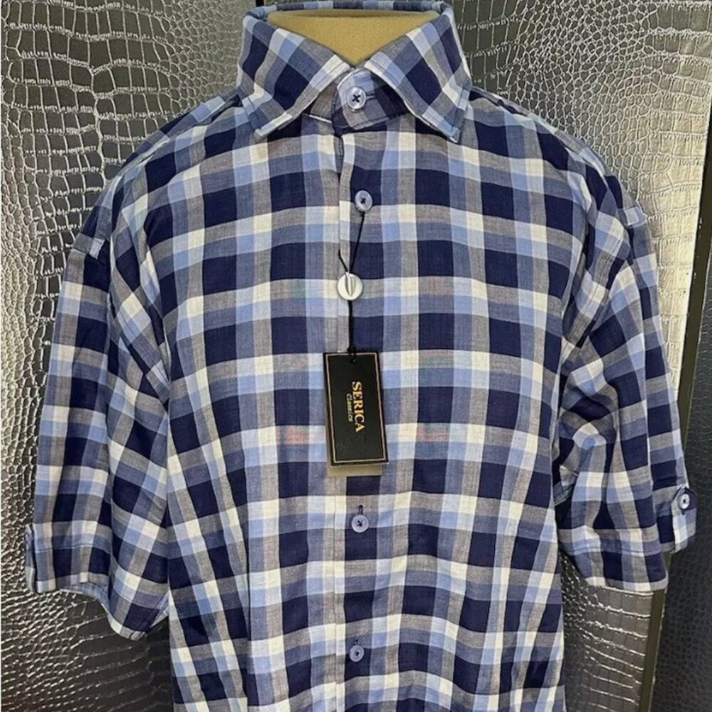 Serica Classics Blue and White Plaid Short Sleeve Button Soft Men’s Medium